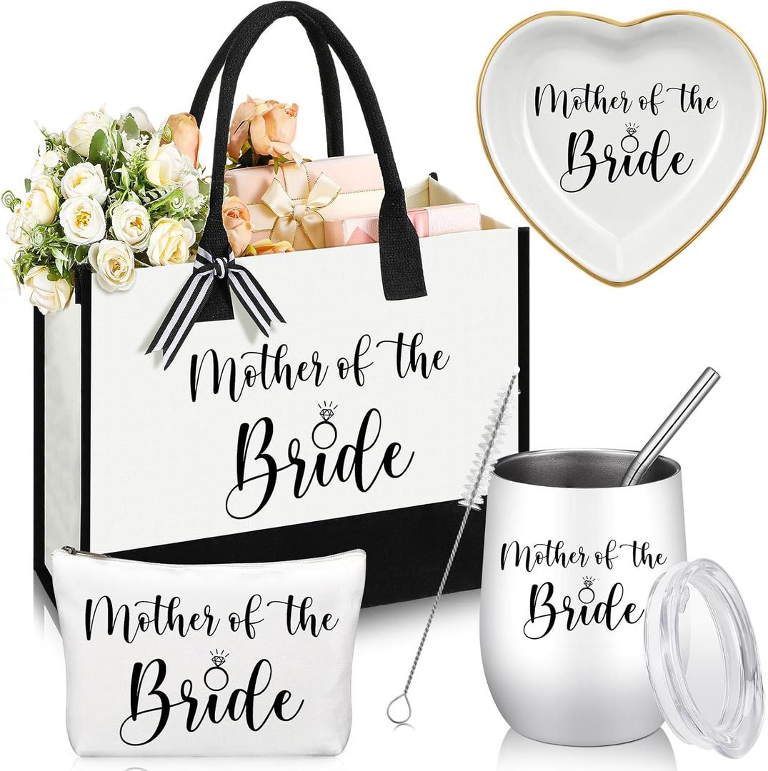 4 Pieces Mother of the Bride Bags Bridal Shower Gifts for Wedding Canvas Tote Bag for Mother of the Bride with Makeup Bag Tumbler Cup Mother Jewelry Tray Bridal Ring Holder for Wedding