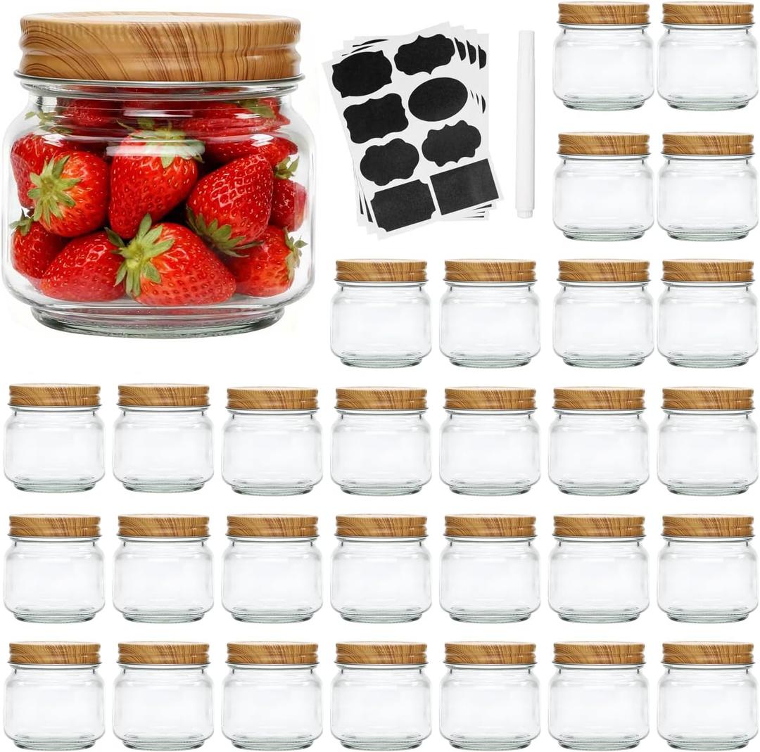 Accguan Mason Jars, Glass Jar 8OZ With Regular Lids(Wood Grain Iron Lid), Ideal for Jam, Honey, Wedding Favors, Shower Favors, 30 Pack