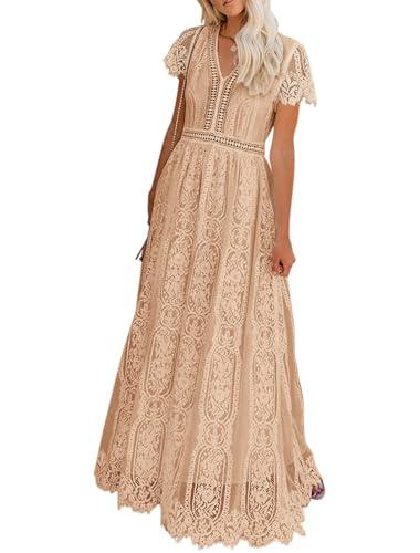 MEROKEETY Women's 2026 V Neck Short Sleeve Floral Lace Wedding Dress A Line Boho Bridesmaid Cocktail Party Maxi Dress, Apricot, Medium
