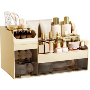 Makeup Organizer with Drawers,Large Cosmetic Storage Box,Countertop Skincare Organizer,ABS Makeup Brush Holder for Bathroom,Desk,Dresser,Multifunctional Beauty Display Case,Cream transparent