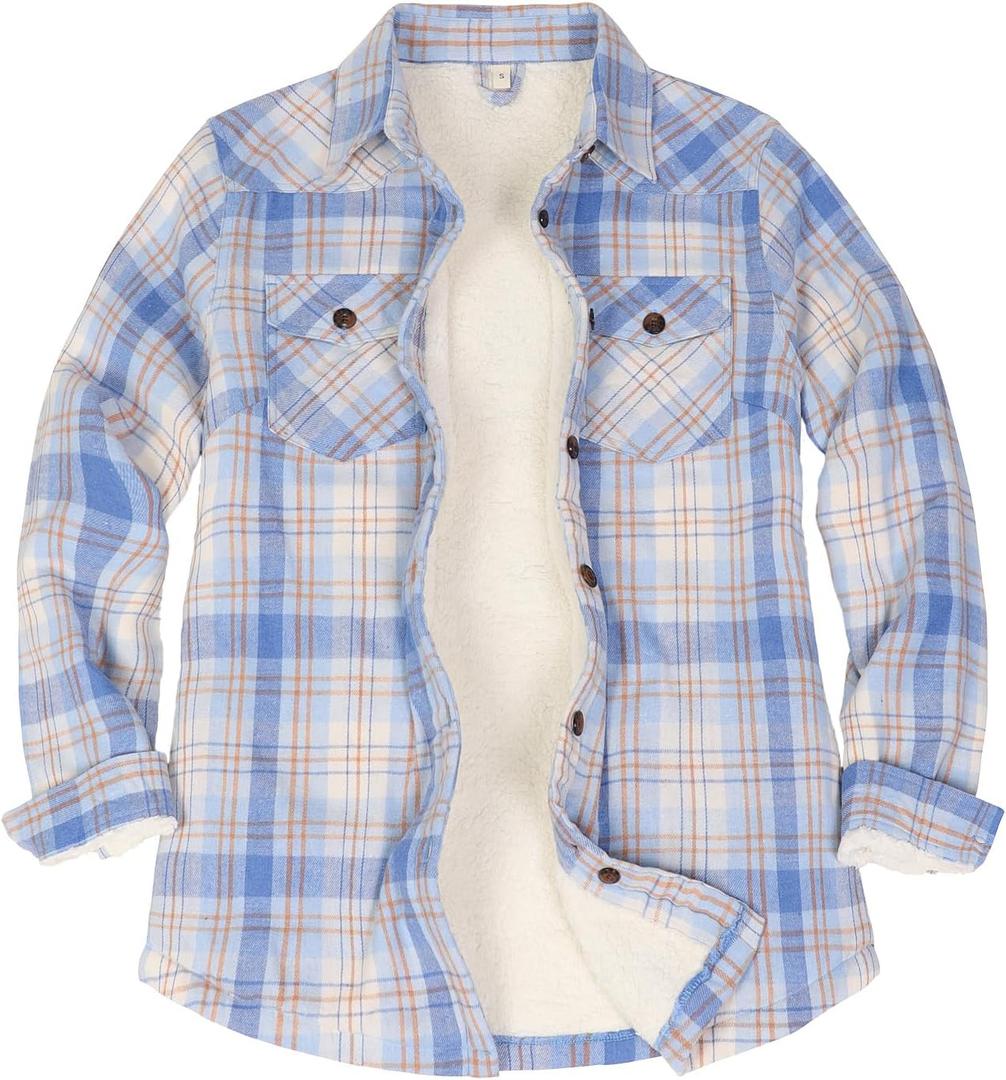 ThCreasa Womens Sherpa Lined Flannel Jacket with Hand Pockets, Plaid Button Down Fuzzy Shirt Jackets (Small, Beige)