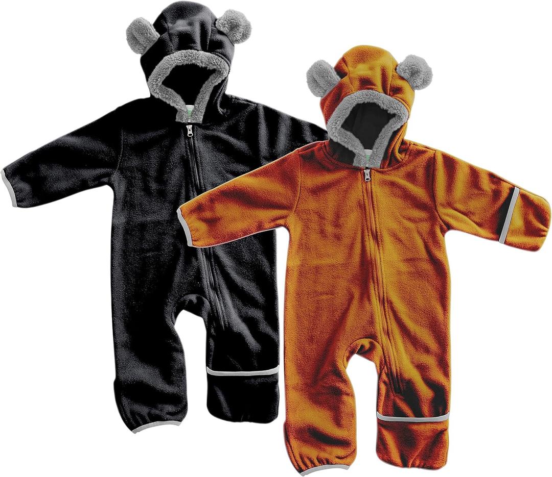 Cuddle Club Fleece Baby Bunting Bodysuit with Hood, Convertible Mittens & Booties, Car Seat Friendly, Soft & Warm, Easy Zip (2T, Bear - Black & Brown (2 Pack))