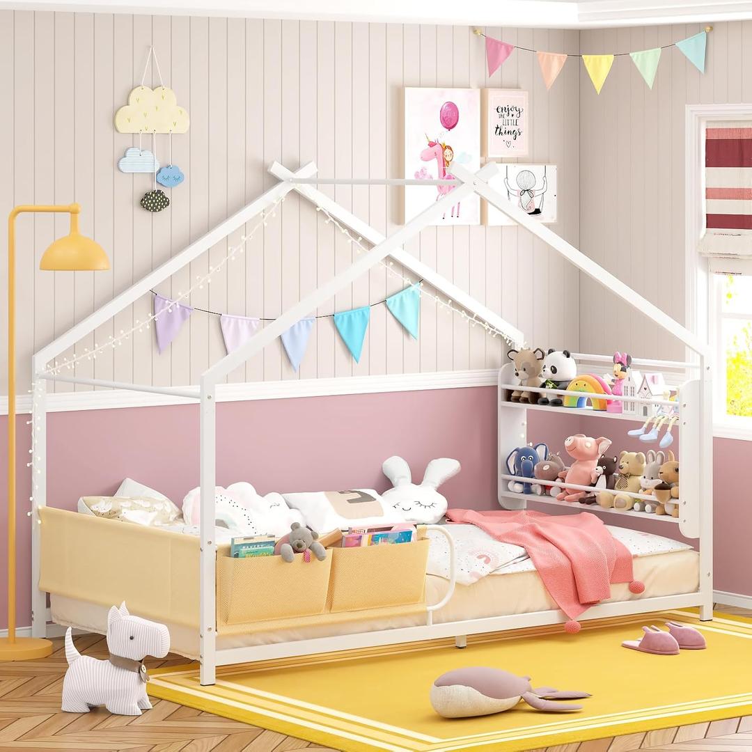 Timy House Shape Twin Size Montessori House Bed with 2 Tier Wood Bookshelf