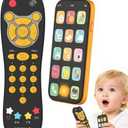 Baby Phone TV Remote Toy Set, Bilingual Play Phones Toy Remote for Baby with Music Light for 6+ Months, Early Learning Baby Toys Gift for 1 Year Old Boys Girls Toddler Infant, English/Spanish, Orange