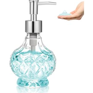 Glass Liquid Soap Dispenser Bathroom, Clear Crystal Design 8.5oz Kitchen Vintage Reusable Soap Dispenser with Rust-Proof Plastic Pump