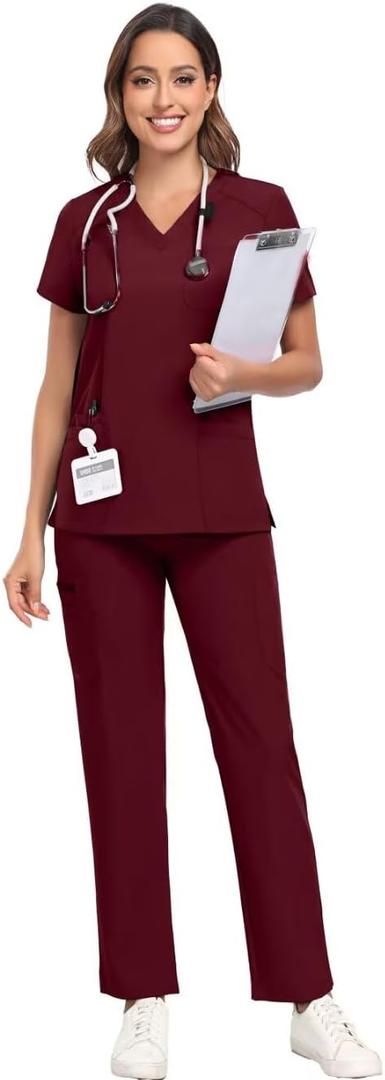Scrubs for Women Sets, Stretch V-Neck Scrub Top & Cargo Pants with Multi Pockets, Anti-Wrinkle (X-Large, Burgundy)