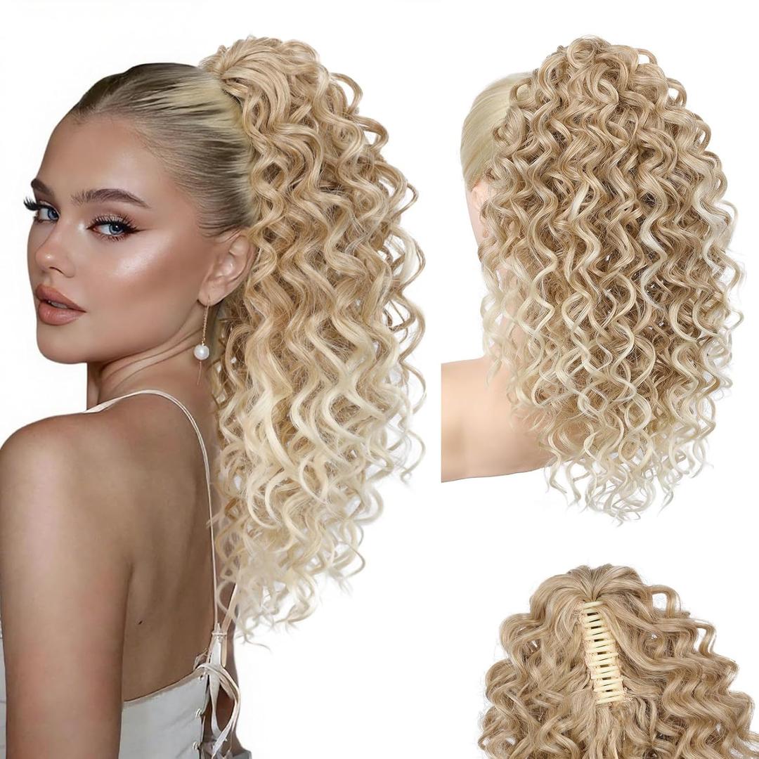 SEIKEA Ponytail Extension, 18" Claw Clip Ponytail Extension Wavy Curly Jaw Clip in Ponytail Hair Extensions Fluffy Natural Soft Fake Pony Tails Synthetic Hairpiece Dark Blonde to Light Blonde