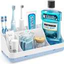 Bathroom Counter Organizer and Storage, 7 Slots Detachable Toothbrush Holders for Bathrooms, Anti-Slip Electric Toothbrush and Toothpaste Holder Countertop Vanity Organizer Accessories for Adults Kids (White Blue)