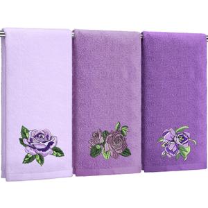 FuWeave 3 Pcs Purple Rose Hand Towels Lavender Purple Bathroom Decor Embroidered Floral Farmhouse Decorative Towels for Bathroom Kitchen Decor, 100% Cotton, 13. 3 x 29. 5''