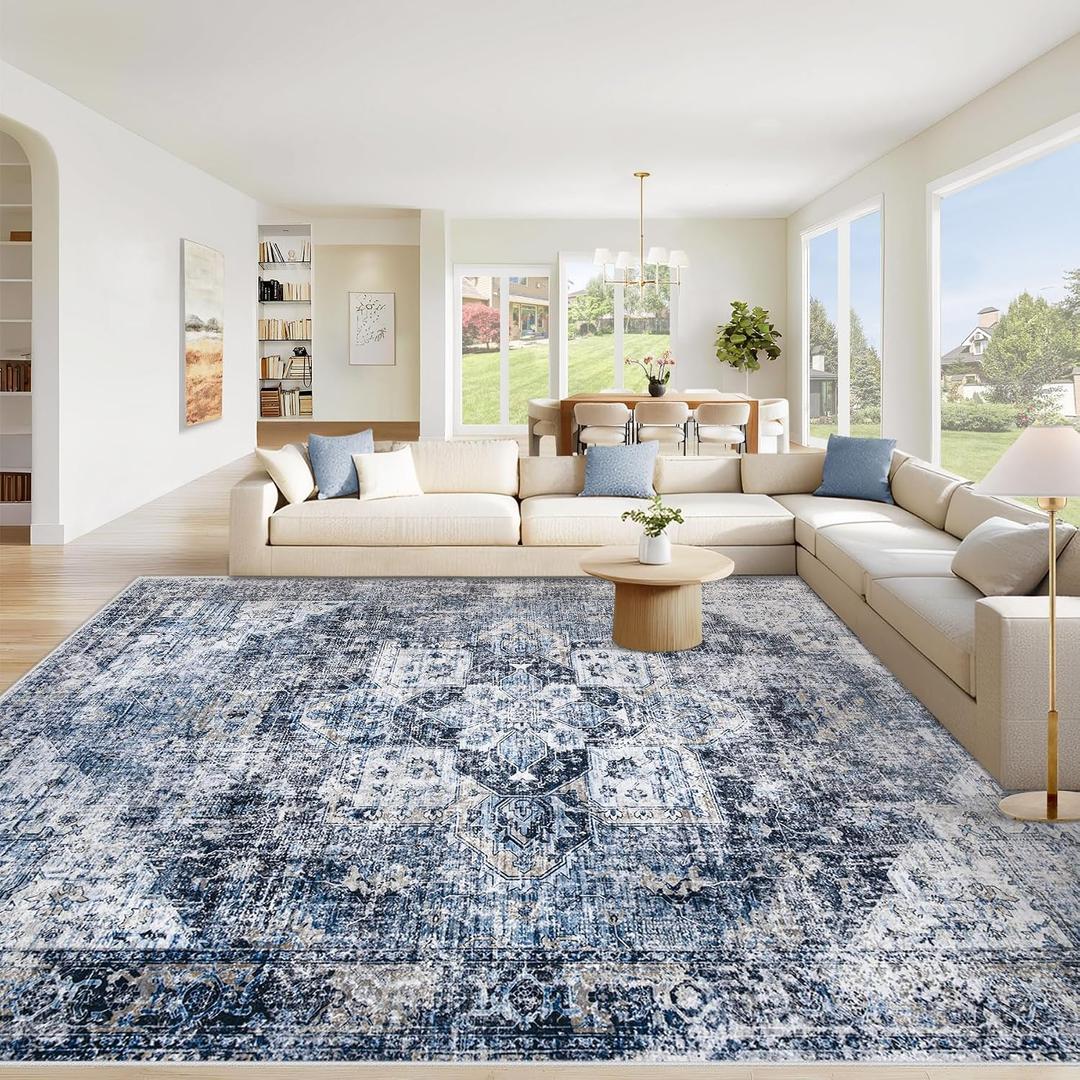 Area Rug 9x12 Washable Rug, Vintage Boho Medallion Rugs Non-Slip Soft Low Pile Large Distressed Rug Indoor Retro Carpet for Living Room Bedroom Dining Room Home Office (Blue, 9'x12')