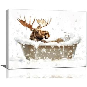 Moose Wall Art Moose in Bathtub Pictures Wall Decor Elk Bathroom Canvas Prints Bathroom Decorations Painting Framed Artwork Office Home Decor For Toilet Laundry Washroom Restroom 16"x12"