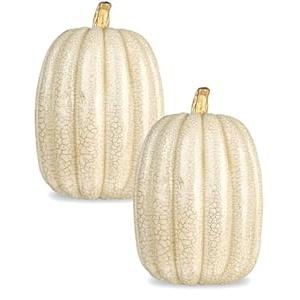 vensovo 8.5 Inch Large Off White Cracked Design Pumpkins for Decorating - 2PCS Big Foam Decorative Pumpkin for Fall Decoration, Paintable Artificial Pumpkins Perfect for Halloween Thanksgiving Decor