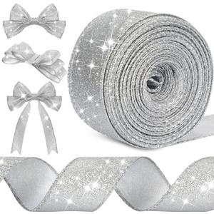 Syhood 20 Yard Glitter Ribbon Wired Edge Waterproof Sparkly Garland for Gifts Wrapping Cards Crafts Wreaths Holiday Christmas Decoration(Silver,1.5 Inch X 20 Yard)