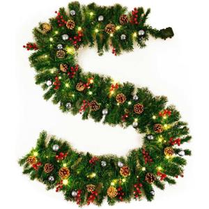 9FT Christmas Garland with Lights, Pre-Lit Christmas Garland Decorated with Red Berries Silver Balls and Pinecones, Battery Operated Christmas Decorations for Mantle Fireplace Indoor Outdoor Home