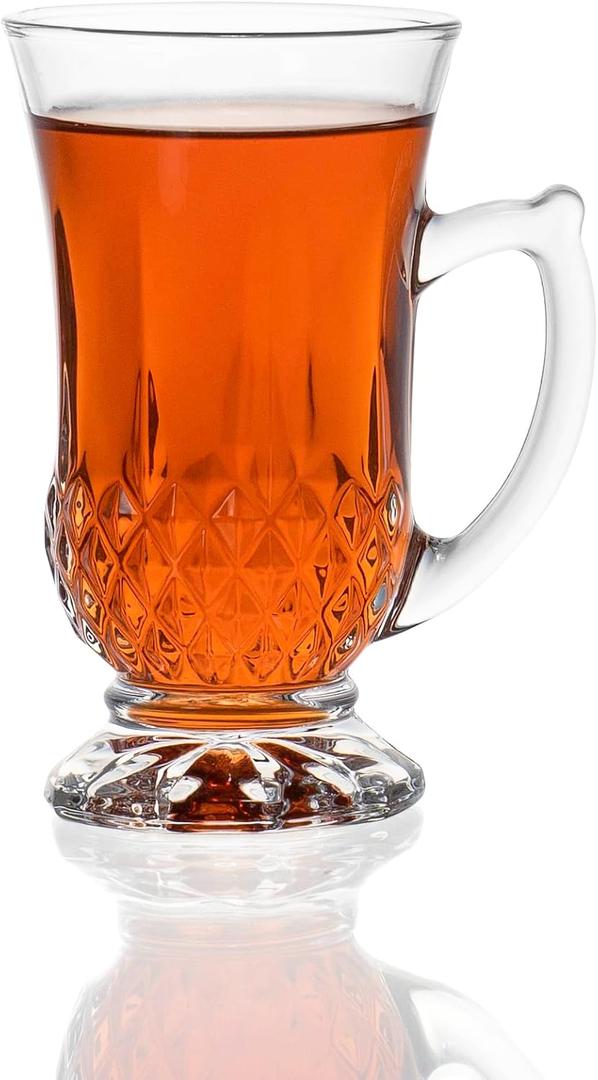 3 Pack Classic Clear Cut Glass Footed Turkish Tea Cups with Handles, Etched Design