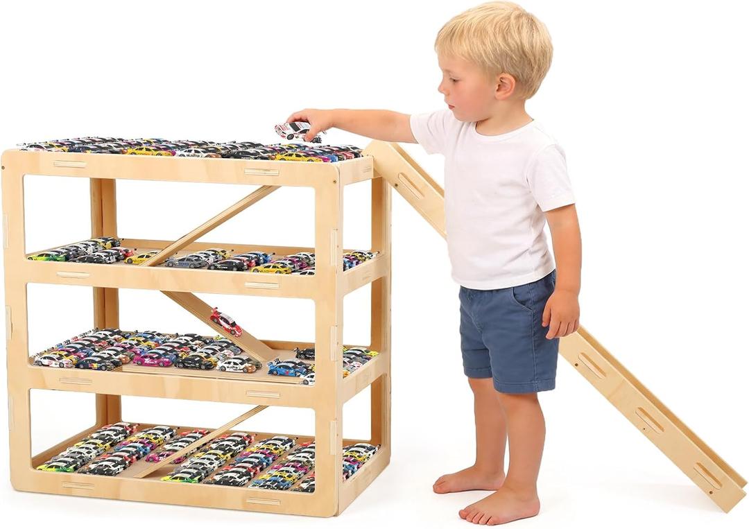3-Tier Extra Large23.6*15.8*23.6 IN Wooden Toy Car Display Case Compatible with Hot Wheels & Matchbox, 1/64 Scale Parking Garage Storage for 100+ Cars with Foldable Racing Ramp (Extra Large)