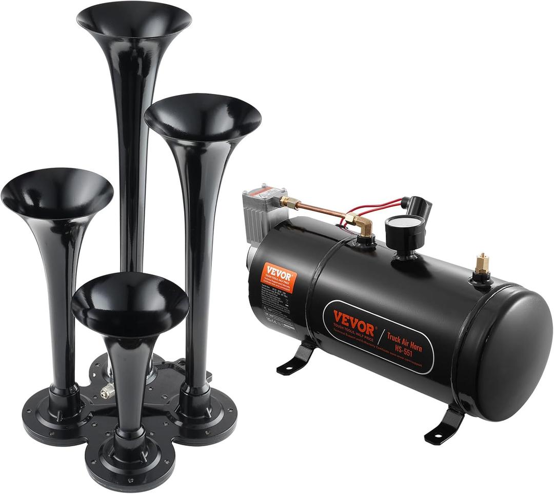 VEVOR 4 Trumpet Air Horn Kit, 150dB Train Horns for Pickup Trucks, 12V 120 psi Air Compressor 0.8 Gal/3 L Tank with Gauge for Any 12V Vehicle Car Truck Train Van Boat (Upgrade)