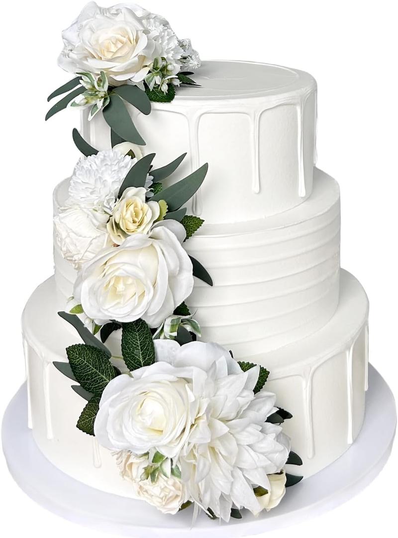 3PCS Ivory White Silk Flowers for Cakes Decorations Artificial Rose Peony Butterfly Wedding Cake Toppers Decorating Fake Floral Anniversary Birthday Party Arrangements Table Centerpieces Pre-Made