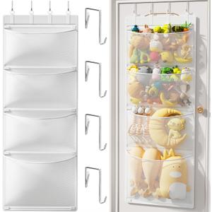 Criusia Stuffed Animal Storage, Over the Door Organizer with 4 Mesh Pockets, Toy Organizers and Storage for Nursery, Baby Supplies, Hanging Door Organizer for Kids Room & Playroom Organization, White