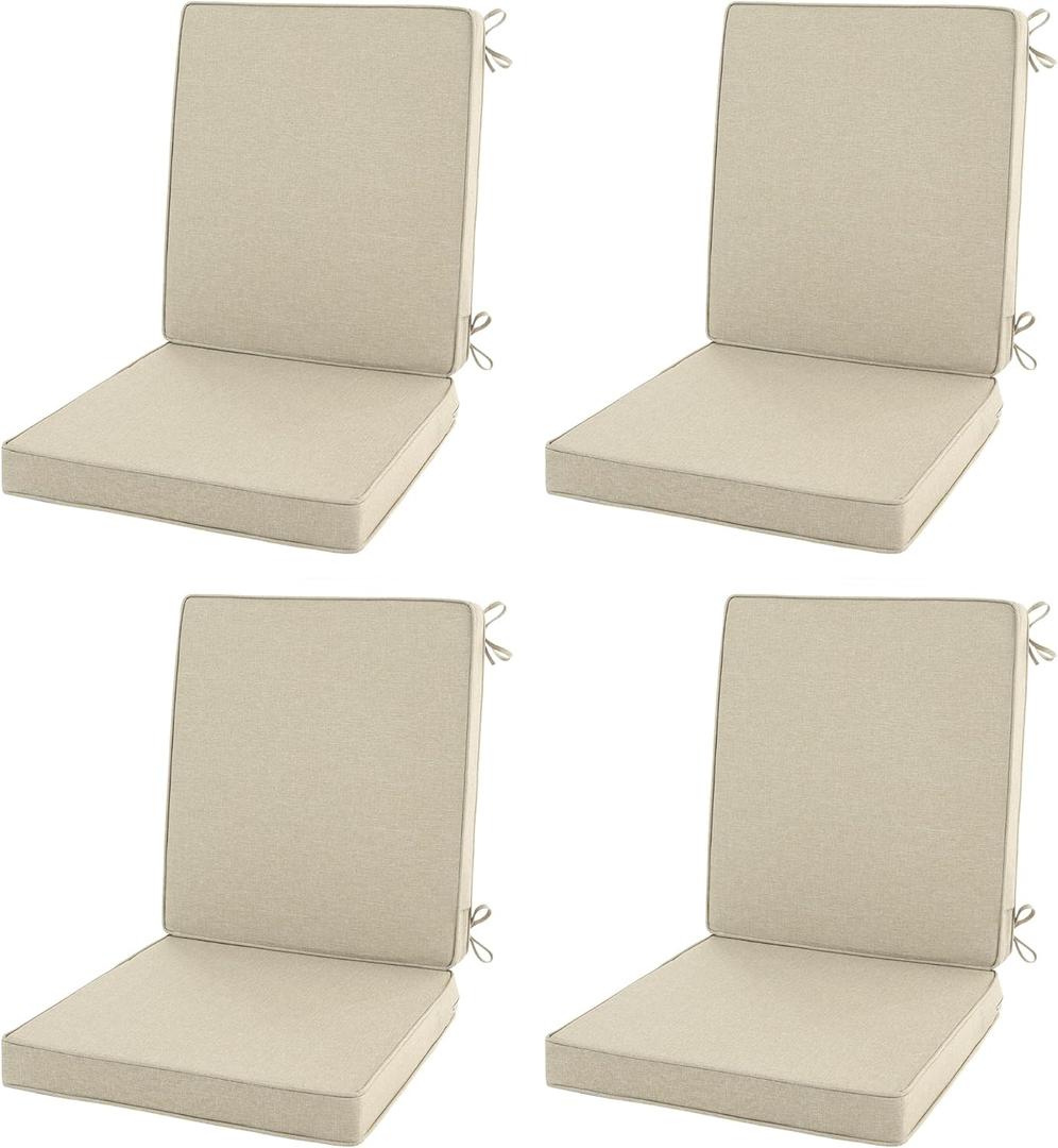 Outdoor Chair Cushions, Water-Resistant & Fade-Resistant, Patio Furniture Lawn Dining Chair Seat Replacement with Mid Back, Ties Zipper, Removable Cover, 18 x 16.5 Inch, Set of 4, Beige