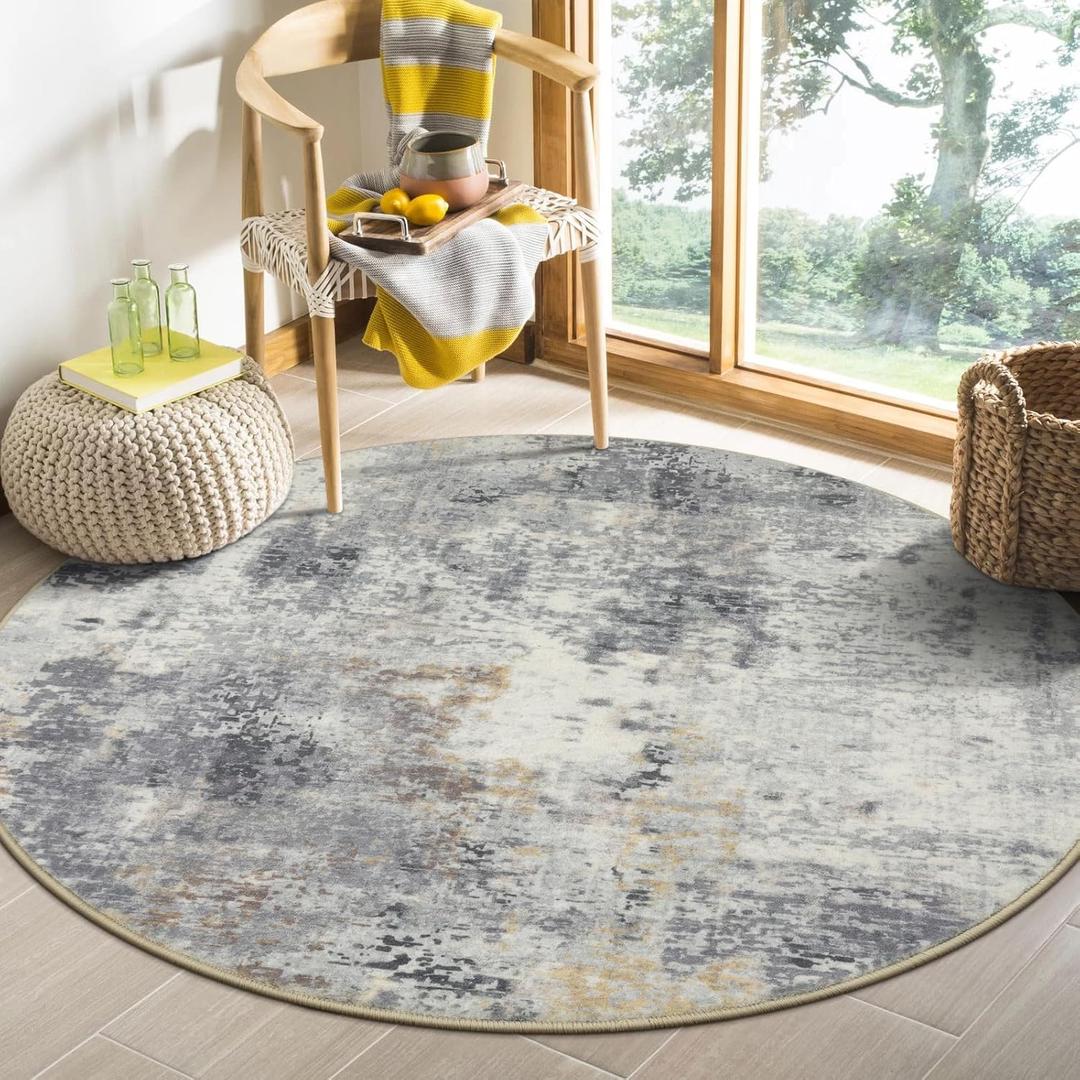 Lahome Modern Abstract Round Rug - 4Ft Grey Small Bathroom Rug Indoor 4x4 Circle Rugs Washable Kitchen Mat, Non Slip Contemporary Bedroom Carpet for Living Dining Room Office Nursery