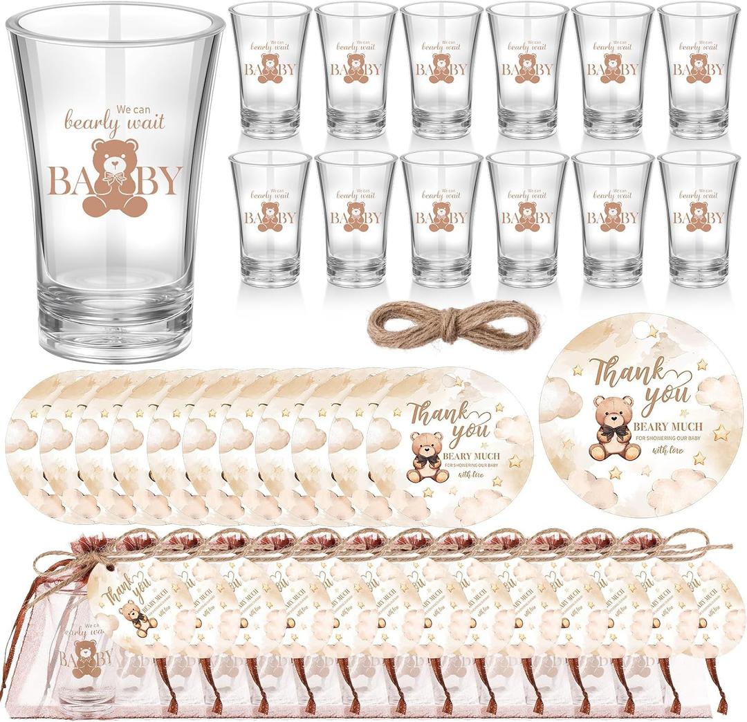 50 Sets Teddy Bear Baby Shower Favors We Can Bearly Wait for Guests Souvenir Brown Bear Acrylic Clear Shot Glasses Thank You Tags with Twine Organza Bags for Birthday Supplies, Gender Reveal