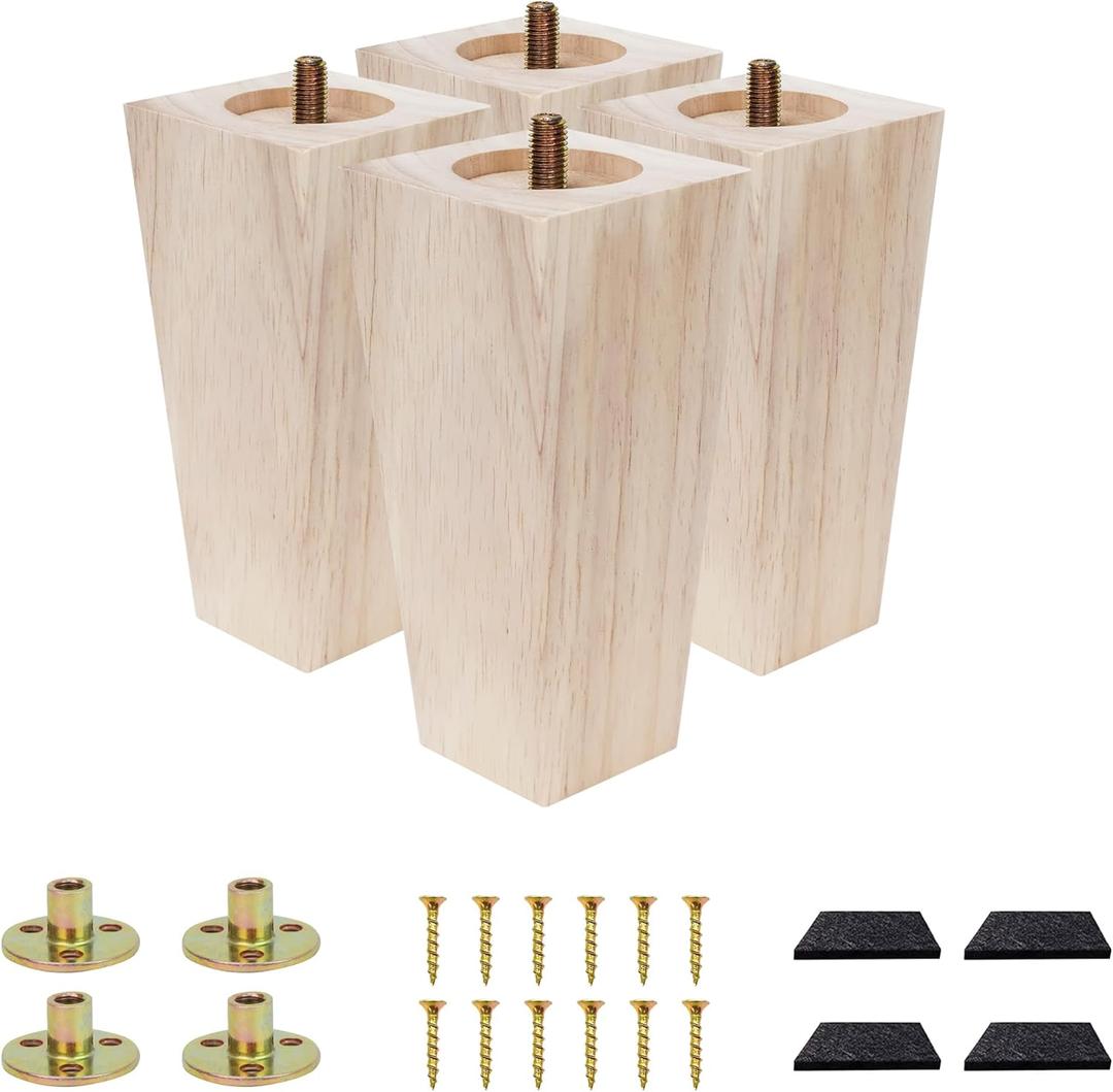 Furniture feet Table Legs Couch Legs Unfinished Square Bed Feet 5 inch Wood Replacement Leg for Furniture Set of 4, Natural (4set, 5in)
