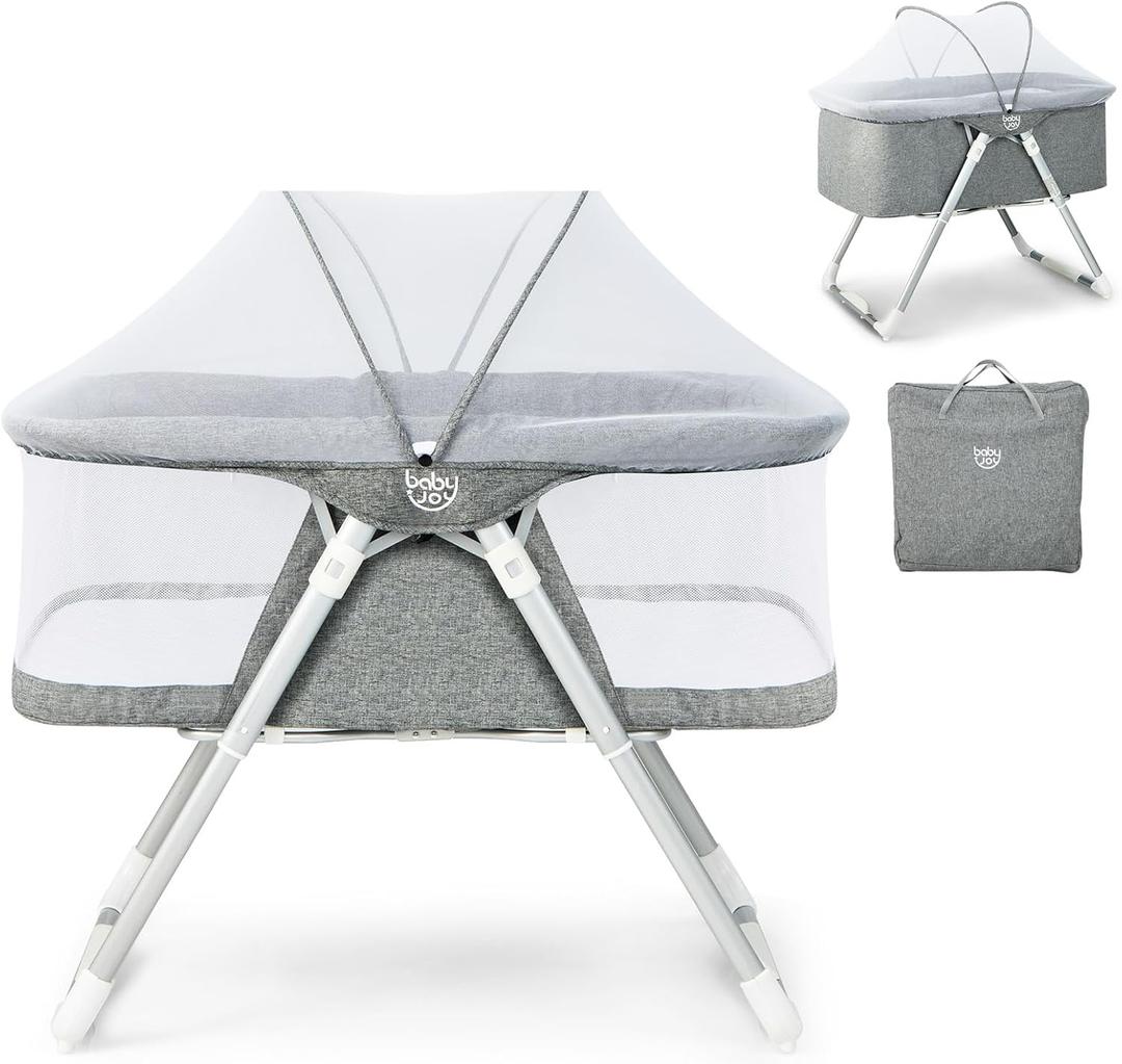 2-in-1 Baby Rocking Bassinet, Foldable Toddler Cradle with 2-Level Adjustable Height, Portable Crib with Mosquito Net & Mattress & Carrying Bag for Newborn 0-5 Months, Gray, BC10083GR