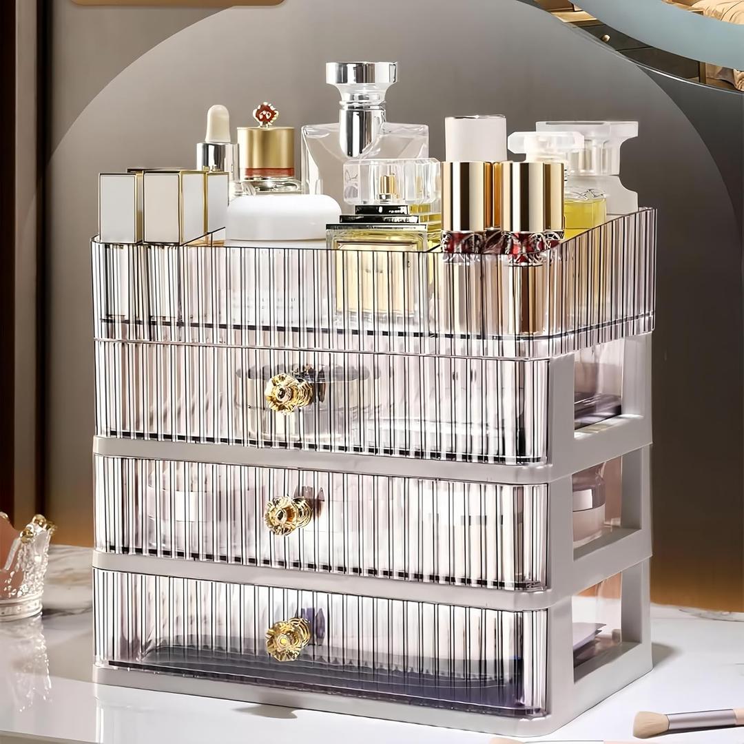 Clear Makeup Organizer with 3 Drawers, Bathroom Organizer and Storage, Ideal for Desk and Dresser Vanity Countertop, Great for Cosmetics, Skincare, Perfume,Toiletry