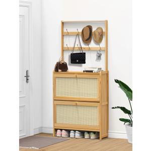 Bamboo Shoe Cabinet Rattan with Hanging Rack Hidden Shoe Storage Cabinet Narrow Wood Freestanding Organizer with 2 Flip Drawers Adjustable Panel for Entryway Hallway Light Brown