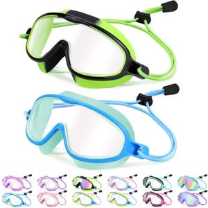 Vvinca Kids-Swim-Goggles with Bungee Strap Wide View Anti Fog UV Swimming Mask Pool Goggle for 3-14 Toddlers Girls Boys (01-black Green & Light Blue)
