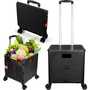 Foldable Utility Cart Folding Portable Rolling Crate Handcart with Durable Heavy Duty Plastic Telescoping Handle Collapsible 4 Rotate Wheels for Travel Shopping Moving Luggage Office Use, Black