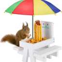 MIXXIDEA Squirrel Feeder Table with Umbrella, Wooden Squirrel Picnic Table Feeder, Sturdy Squirrel Feeder Corn Cob Holder, with Solid Structure and 2 x Thick Benches(Colorful)