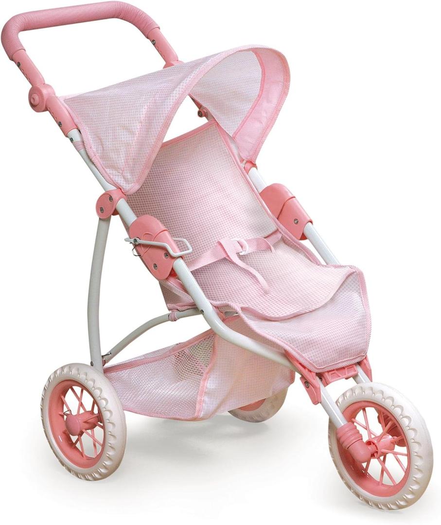Badger Basket Foldable Jogging Style Doll Stroller - Adjustable Handle, Canopy, Straps & Basket - Fits 18-22" Dolls, Lightweight Toy for Girls Ages 3+ - Pink Gingham Design
