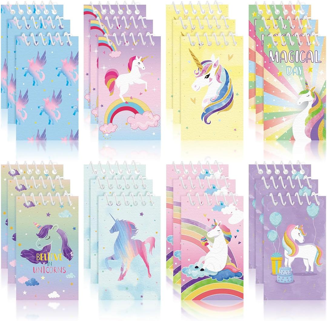 Censen 24 Pieces Mini Unicorn Notebooks Unicorn Favors Mini Spiral Journal Notepads Gift Bags Fillers for Classroom Birthday Party Supply(Vivid Style)