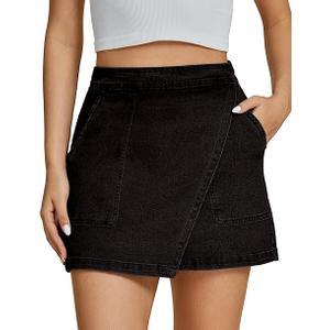 luvamia Jean Skirts for Women Denim Mini Trendy High Waisted Stretchy Asymmetrical Faux Wrap Short Skirt with Pockets, Washed Black Medium