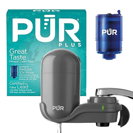PUR Plus Vertical Faucet Mount Water Filtration System, LeadReducing Filter, GreatTasting, Easy Install, Lasts 100 Gallons, Faucet Water Filter, Compatible with Sinks with External Aerators, Chrome