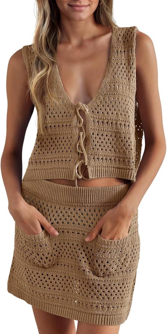 Saodimallsu Womens Crochet Swim Cover Up 2 Piece V Neck Sleeveless Front Tie Crop Tops Beach Mini Skirt Coverup Set (Brown)