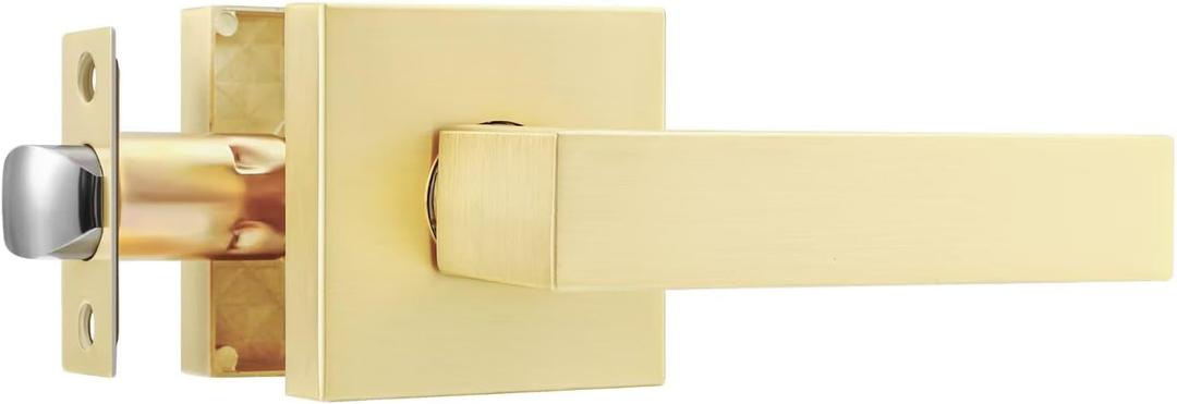 Leydebong 1 Pack Interior Passage Door Handle, Gold Door Knob Interior, Keyless Hallway Closet Door Levers, Heavy Duty Suqare Door Handle Set for Left or Right Handed Doors (Satin Brass)