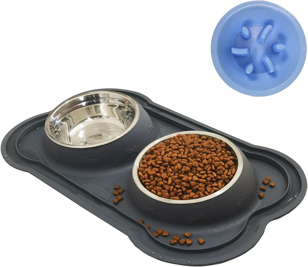 Dog Bowls Stainless Steel Slow Feeder Set with Silicone Mat-100% Waterproof BPA Free Cat and Dog Food Bowls No-Spill and Non-Skid-Pet Feeder Water Bowls for Puppy Medium Dogs Cats (Black)