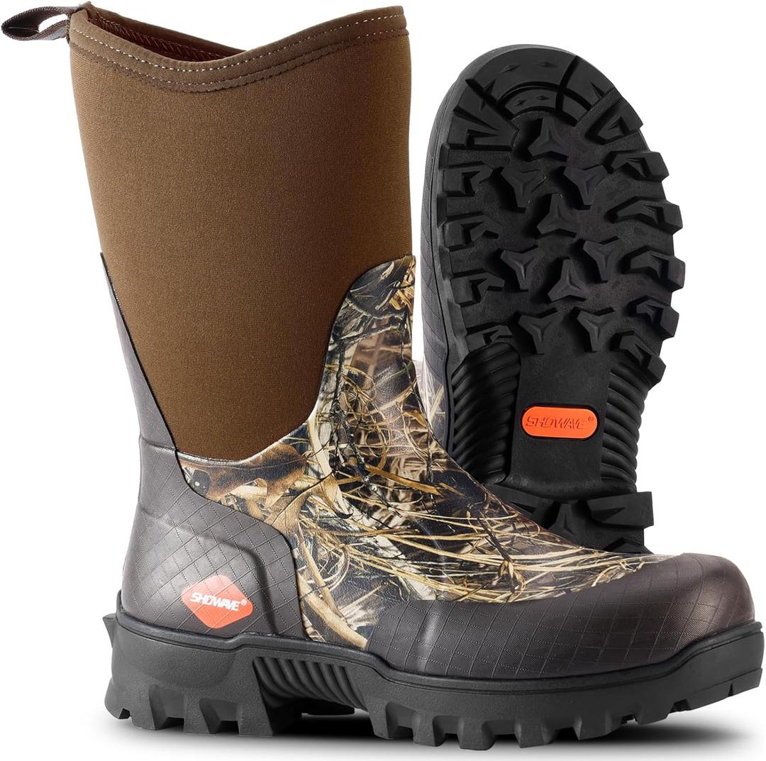 Showave Men's Mid Calf Rubber Work Boots Waterproof Rain Boot Insulated Mud Boots with Comfortable Sports Soles (10, Camo)