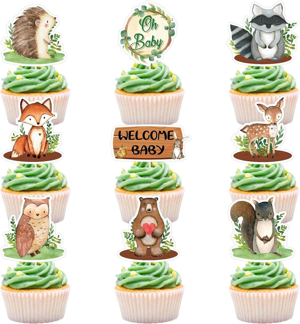 45 Pcs Woodland Baby Shower Cupcake toppers Oh Baby Party Decorations Woodland Animals Cupcake Toppers Boy Girl Birthday Party Favors Supplies