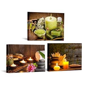 ZHIYANGY Zen Canvas Wall Art, Bathroom Wall Art, Spa Candle Painting, Lit Spa Candle Trio with Stones & Floral and Zen Stones Picture Spa Meditation Decor for Spa Yoga Room