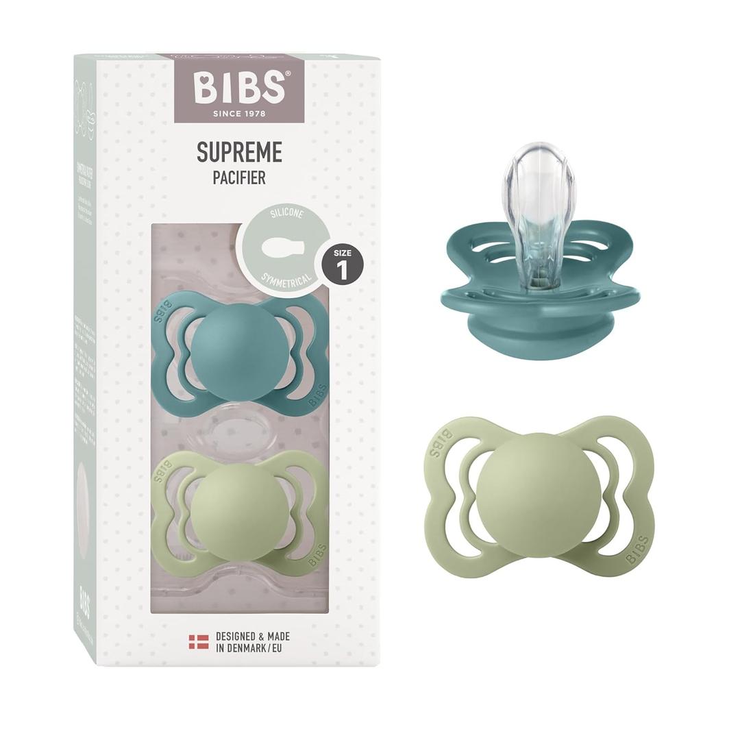 BIBS Pacifiers - Supreme Collection | Symmetrical Nipple | Silicone | Made in Denmark | Set of 2 Island Sea/Sage Color Premium Soothers | Size 0-6 Months