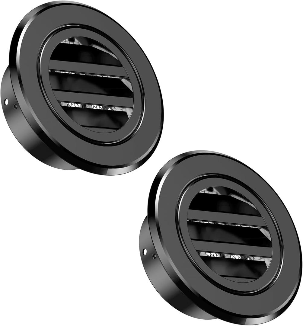 HG Power Soffit Vents 4 Inch, Aluminium Alloy Round Vent Cover, Black Louver Exhaust Vent with Built-in Screen Mesh for Exterior Under Eave, Inder/Outdoor Ventilation 3.74,2-Pack, Black