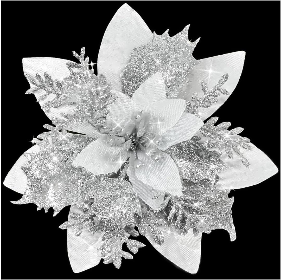 10 Pcs Fake Flowers Poinsettia Artificial Silver and White Flower 5.5" Christmas Tree Ornaments for Spring Easter Home Kitchen Wedding Bouquet Mother's Gift Day Decorations