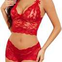 Lilosy Sexy Sheer Floral Lace Pajamas Lingerie Set High Waist Sleepwear Bra and Panty 2 Piece Nightwear, S