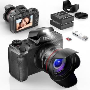 Dsoon Digital Camera,4K 64MP Cameras for Photography with 4”0 Touch Screen,18X Digital Zoom Autofocus Photography Shoot Camera with Dual-Lens,2 Batteries,64GB TF Card, Lens Hood