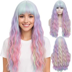 Colorful Rainbow Wigs with Bangs for Women Pastel Long Wavy Curly Colored Purple Goth Hair Wig for Music Festival, Themed Parties, Halloween, Wedding - 27.5''