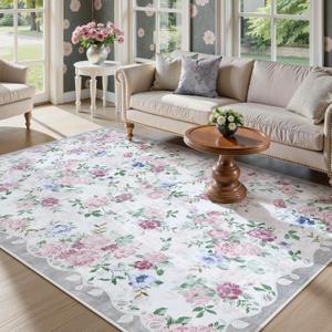 Lahome Purple Floral 5x7 Area Rugs, Boho Rugs for Bedroom Girls,Vintage Living Room Rug Non Slip Low Pile Ultra-Thin Large Carpet for Farmhouse,Dining Room,Kids,Nursery Nina(5'X7',Purple/Grey)